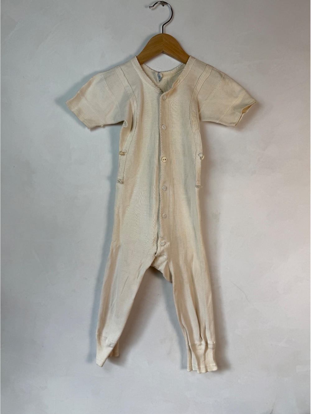 Vintage Cream Knit One-Piece thermal underwear Jumpsuit with Button Details